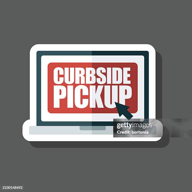 curbside pickup laptop sticker icon - buy online pick up in store stock illustrations