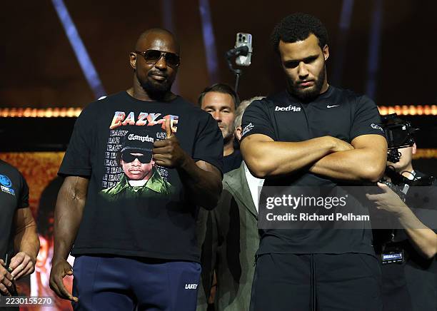 Dillian Whyte and Moses Itauma pose for a photo after facing off ahead of their Heavyweight Fight during a press conference as part of the Dillian...