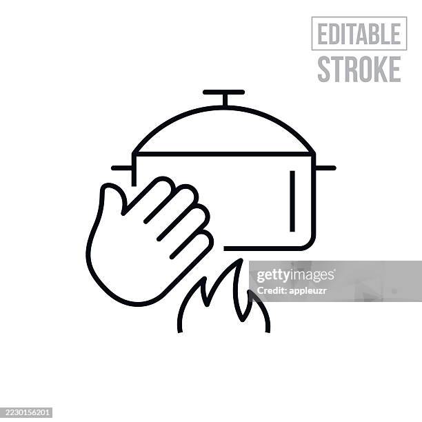 illustrations, cliparts, dessins animés et icônes de main tendue pour toucher une marmite chaude sur la cuisinière icône de ligne mince - trait modifiable - tend fire
