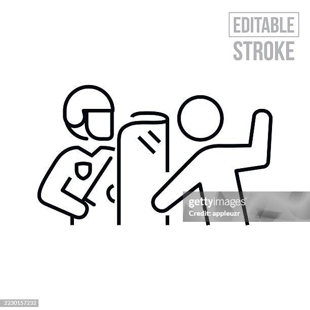 officer shielding himself from a rioter thin line icon - editable stroke - police sheild stock illustrations