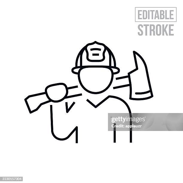firefighter with axe on shoulder thin line icon - editable stroke - firefighter axe stock illustrations