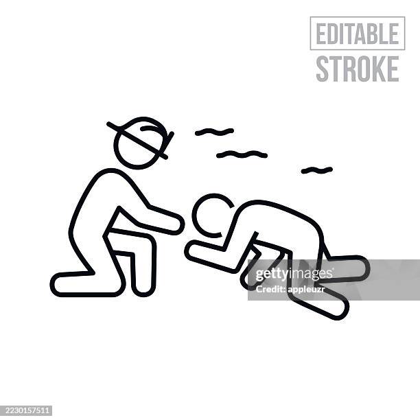 firefighter assisting an unconscious person in a fire thin line icon - editable stroke - fire victim stock illustrations