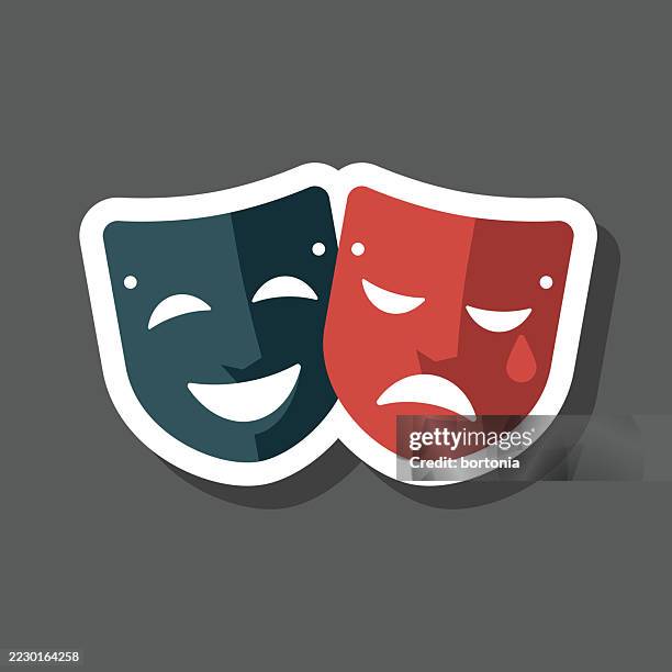 komödie und tragödie masken aufkleber symbol - theatermaske stock-grafiken, -clipart, -cartoons und -symbole