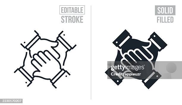 business hands stacked on top of each other representing teamwork - editable stroke and solid icons - colleague stock illustrations