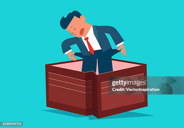 penniless, destitute. the destitute merchant emptied his pockets and stood with an empty wallet - poverty stock illustrations