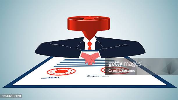 office politics, document approval, requesting approval for documents or contracts. businesspeople who are the heads of stamping and signing documents - security pass stock illustrations