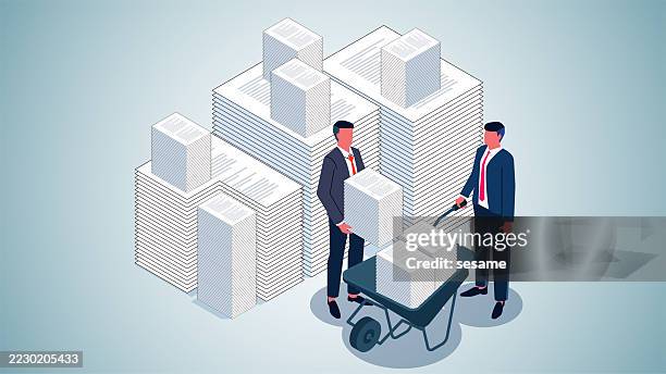 finish the work, excessive work pressure. isometric view of two businessmen working together to move files using a handcart - hard working employee and exaggeration stock illustrations