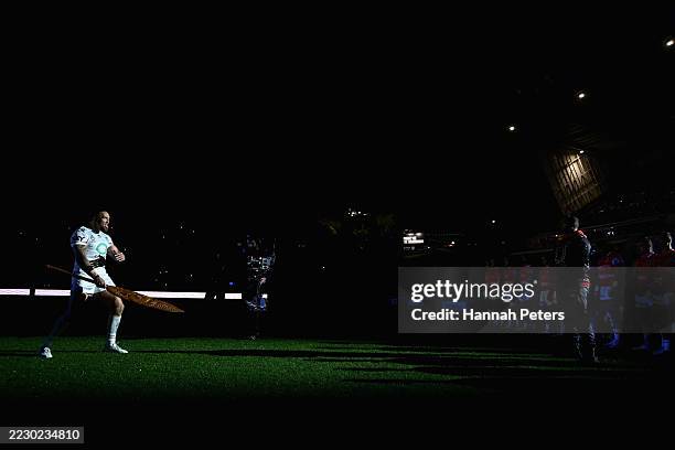 James Fisher-Harris of the Warriors performs a Haka during a Maori Indigenous ceremony during the round 24 NRL match between New Zealand Warriors and...