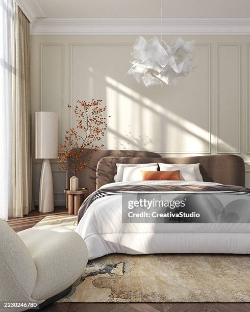 modern elegant bedroom interior - stock photo - slaapkamer stockfoto's en -beelden