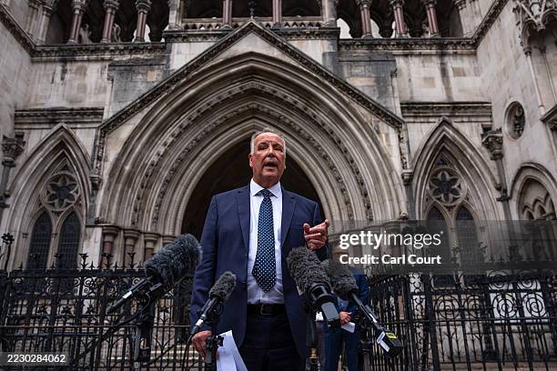 Chris Whitbread, the leader of Epping Forest District Council, speaks to the media outside the High Court on August 19, 2025 in London, England. On...
