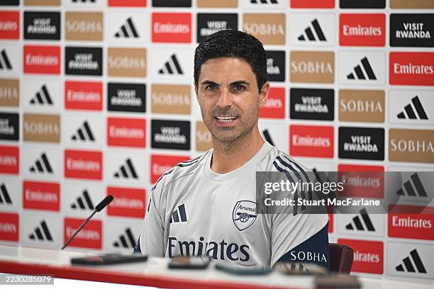 Arsenal manager Mikel Arteta attends a press conference at Sobha Realty Training Centre on August 15, 2025 in London Colney, England.