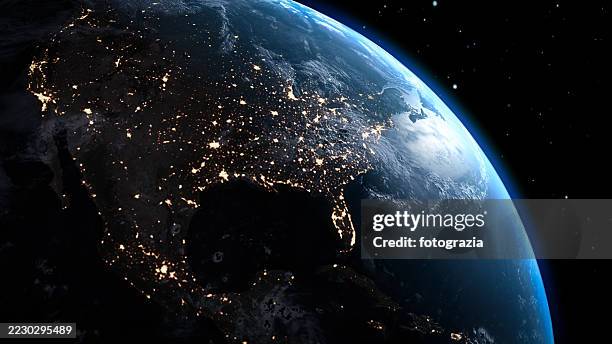 earth from space at night – north america city lights - stratosphere stock pictures, royalty-free photos & images