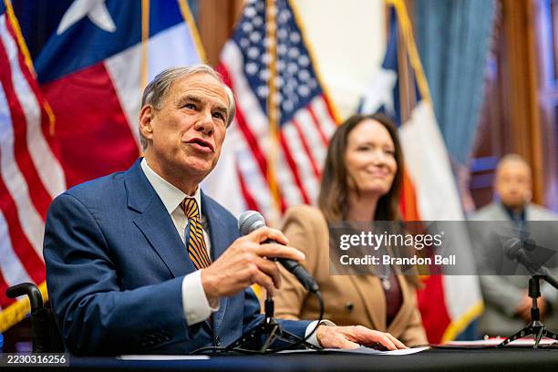 Texas Gov. Greg Abbott speaks alongside U.S. Secretary of Agriculture Brooke Rollins during a news conference in the State Capitol on August 15, 2025...