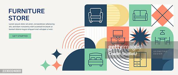 modern geometric furniture store illustration with armchair, sofa, dining table, tv set, bed, garderobe icons - dining table background stock illustrations