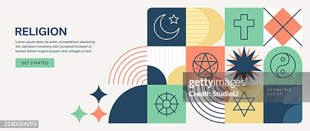 moderne geometrische religion illustration mit islam, christentum, yin yang, buddhismus, jainismus, judentum ikonen - judentum stock-grafiken, -clipart, -cartoons und -symbole