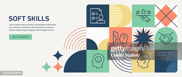 illustrations, cliparts, dessins animés et icônes de illustration moderne de soft skills géométriques avec raisonnement, empathie, compétences, négociation, optimisme icônes - douceur