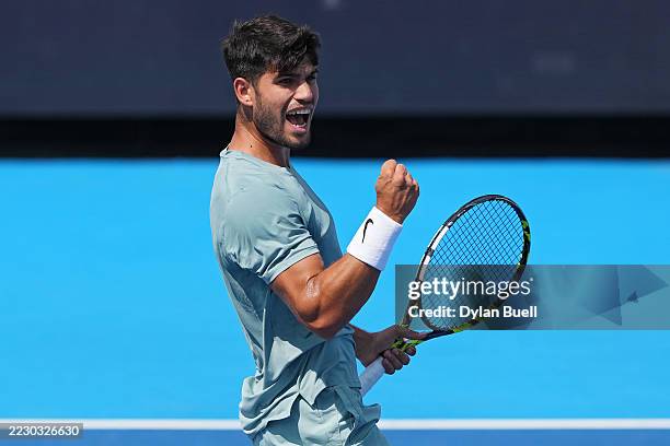 Carlos Alcaraz of Spain reacts after winning a point during the match against Andrey Rublev during Day 9 of the Cincinnati Open at the Lindner Family...