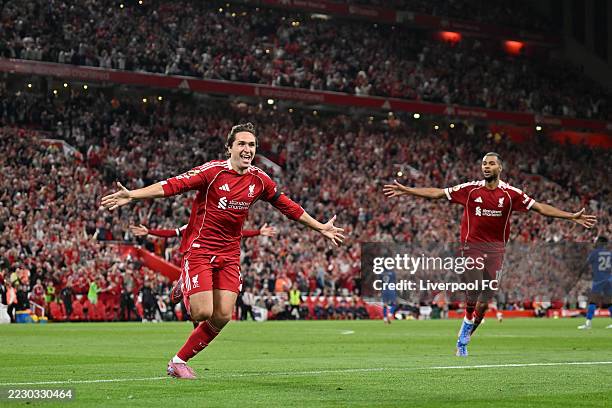 Federico Chiesa of Liverpool celebrates scoring his team's third goal during the Premier League match between Liverpool and Bournemouth at Anfield on...