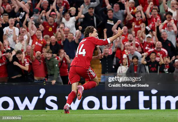 Federico Chiesa of Liverpool celebrates scoring his team's third goal during the Premier League match between Liverpool and Bournemouth at Anfield on...