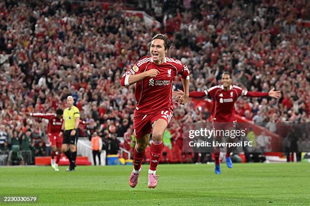 Federico Chiesa of Liverpool celebrates scoring his team's third goal during the Premier League match between Liverpool and Bournemouth at Anfield on...