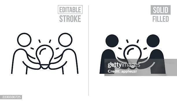 two business people holding a light bulb - editable stroke and solid icons - two people stock illustrations