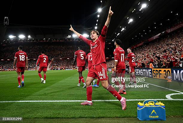Federico Chiesa of Liverpool celebrates scoring his team's third goal during the Premier League match between Liverpool and Bournemouth at Anfield on...