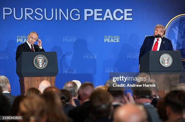 President Donald Trump and Russian President Vladimir Putin hold a press conference at Joint Base Elmendorf-Richardson on August 15, 2025 in...
