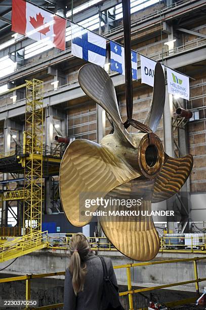 Ship propeller during speaks during a steel cutting ceremony for the beginning of construction of the PolarMax Icebreaker, at Helsinki Shipyard in...