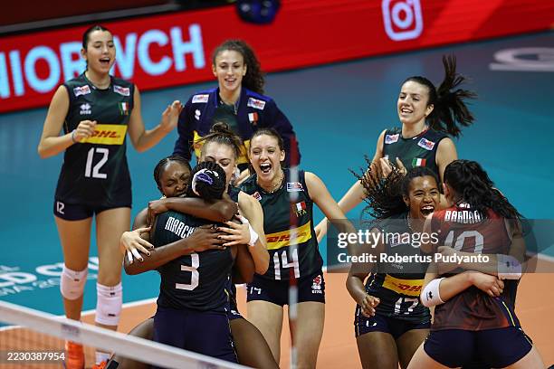 Italy players celebrate victory after beating Brazil 3-0 during the FIVB Volleyball Women's U21 World Championship Semifinal match between Italy and...