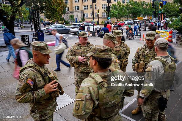 National Guard troops from South Carolina stand outside Foggy Bottom Metro Station on August 20, 2025 in Washington, DC. U.S. President Donald Trump...