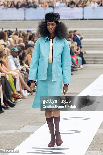 Model walks the runway during the Topshop Topman Autumn/Winter 2025 Show at Trafalgar Square on August 16, 2025 in London, England.