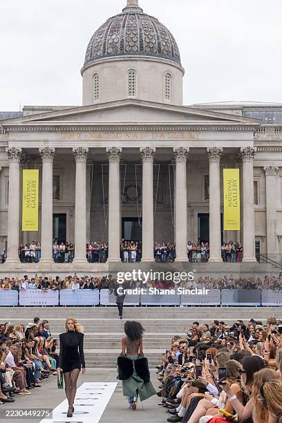 Model walks the runway during the Topshop Topman Autumn/Winter 2025 Show at Trafalgar Square on August 16, 2025 in London, England.