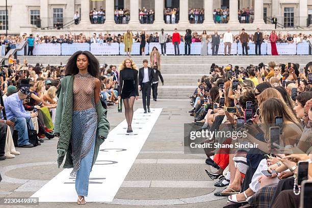 Model walks the runway during the Topshop Topman Autumn/Winter 2025 Show at Trafalgar Square on August 16, 2025 in London, England.