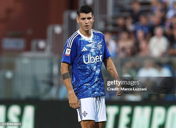 Alvaro Morata of Como 1907 looks on during the Coppa Italia match between Como 1907 and FC Sudtirol at Stadio G. Sinigaglia on August 16, 2025 in...
