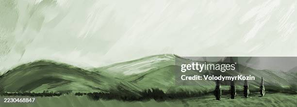 malerische berglandschaft mit bäumen im vordergrund - zypresse stock-grafiken, -clipart, -cartoons und -symbole