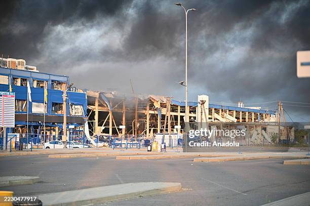 Black smoke rises from the heavy damaged electronics manufacturing company after the Russian army hit a large American company producing civilian...