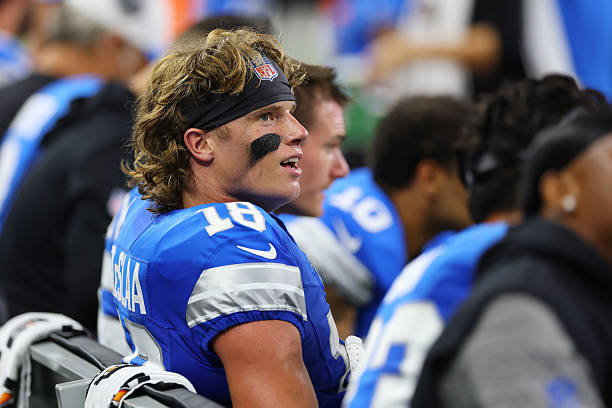 Isaac TeSlaa of the Detroit Lions on the sidelines after scoring a second quarter touchdown against the Miami Dolphins in a preseason game at Ford...