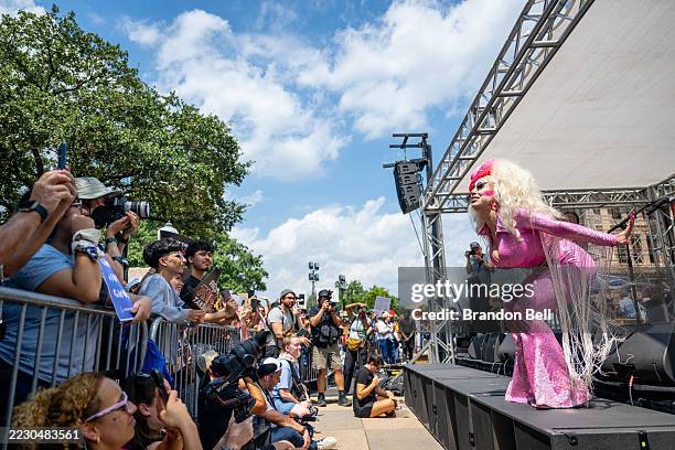 Drag Queen Brigitte Bandit performs during the "Stop the Trump takeover" demonstration outside of the State Capitol on August 16, 2025 in Austin,...