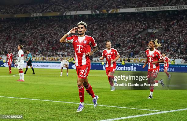Luis Diaz of Bayern Munich celebrates scoring his team's second goal during the Franz-Beckenbauer-Supercup 2025 match between VfB Stuttgart and FC...