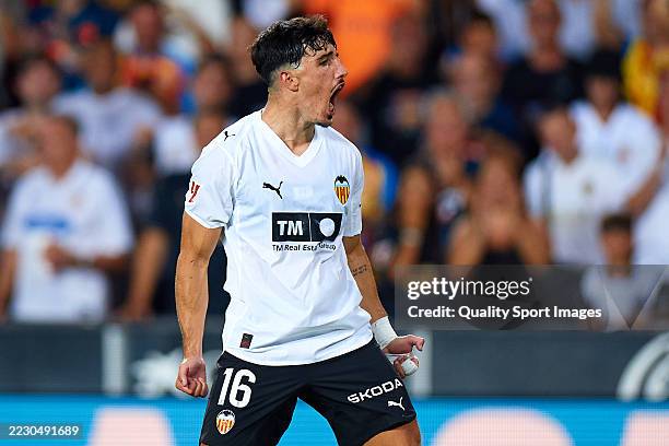 Diego Lopez of Valencia CF celebrates after scoring their side's first goal during the LaLiga EA Sports match between Valencia CF and Real Sociedad...