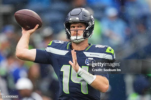Sam Darnold of the Seattle Seahawks warms up prior to the NFL Preseason 2025 game between Kansas City Chiefs and Seattle Seahawks at Lumen Field on...