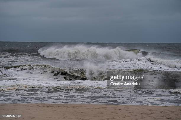 Waves are seen at Robert Moses beach as Hurricane Erin moves up the East Coast on Long Island, New York, United States on August 21, 2025. A coastal...