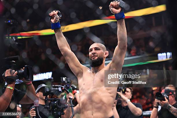 Khamzat Chimaev of the United Arab Emirates celebrates after his victory by unanimous decision against Dricus du Plessis of South Africa, not...