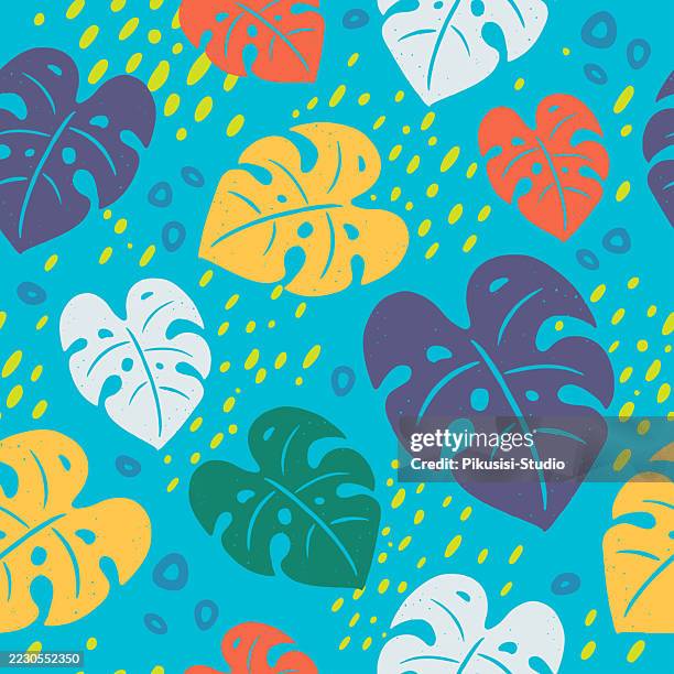 monstera deliciosa tropical leaf background, tropical monstera leaf seamless pattern on blue background - cheese pattern stock illustrations