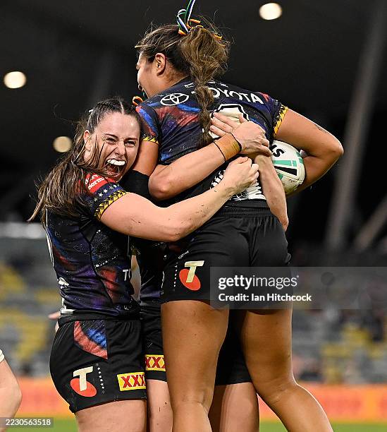 Jasmine Peters of the Cowboys celebrates after scoring a try during the round seven NRLW match between North Queensland Cowboys and Canterbury...