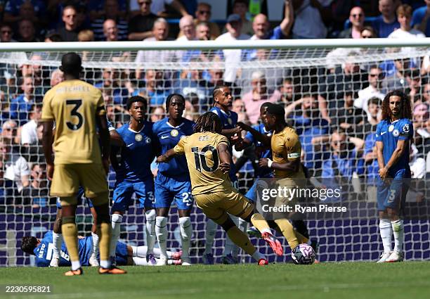 Eberechi Eze of Crystal Palace scores his sides goal which is later disallowed following a VAR review, after Marc Guehi of Crystal Palace interferes...