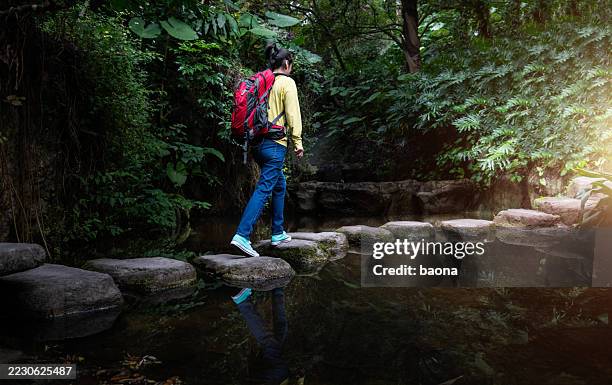 female backpacker walking on stepping stones - stepping stone stock pictures, royalty-free photos & images