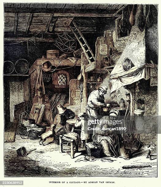 interior of a cottage, family with children, pet dog, after adriaen van ostade, dutch art, vintage illustration 17th century - 17th century stock illustrations