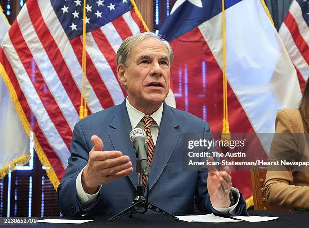 Gov. Greg Abbott speaks at a news conference at his office at the Capitol with U.S Secretary of Agriculture Brooke Rollins to speak on plans to fight...