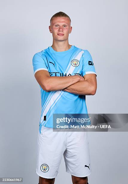 Erling Haaland of Manchester City poses for a portrait during the official UEFA Champions League 2025/26 portrait session on August 12, 2025 in...